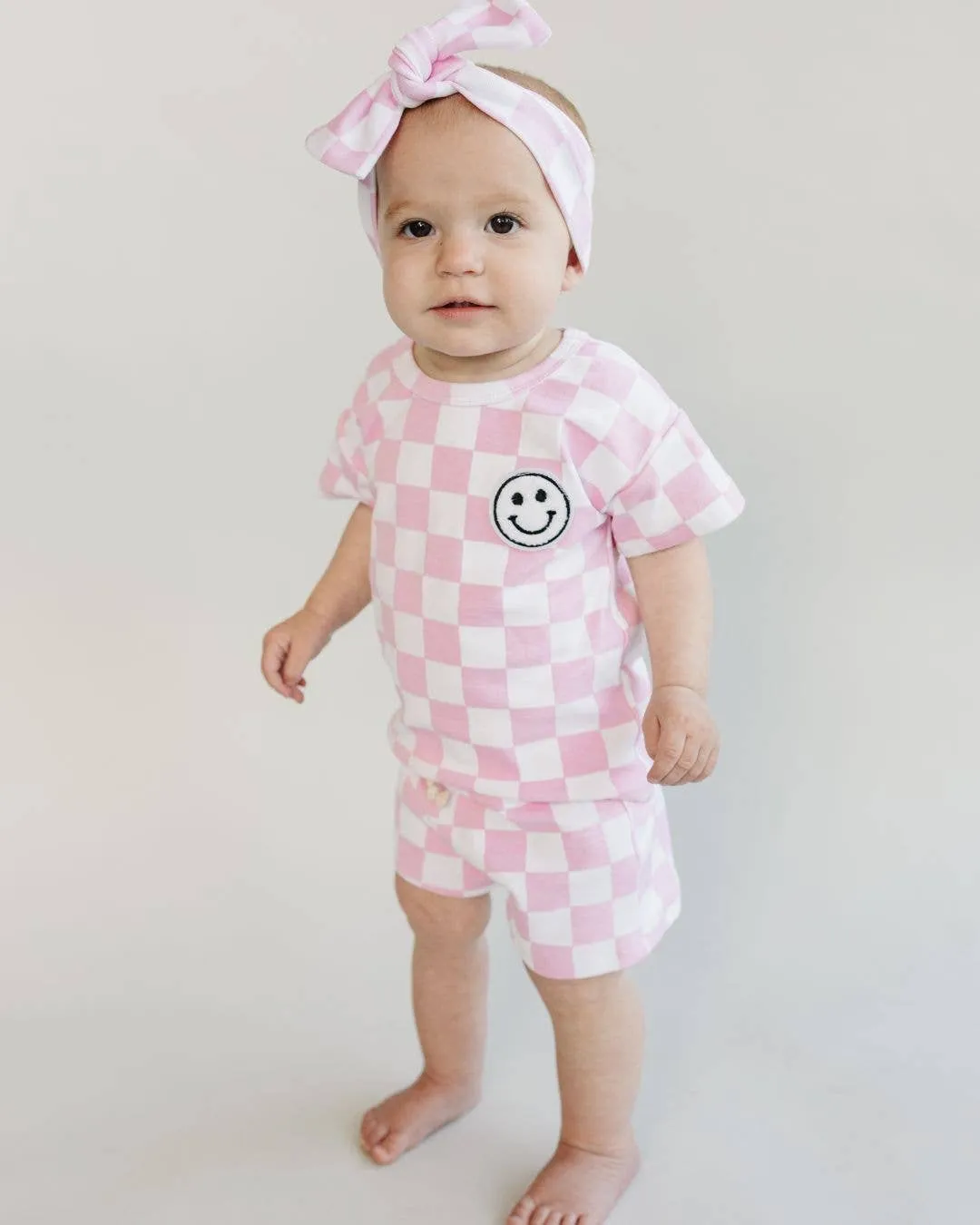 Lucky Panda Kids - Checkered Shorts Set | Pink & Blue
