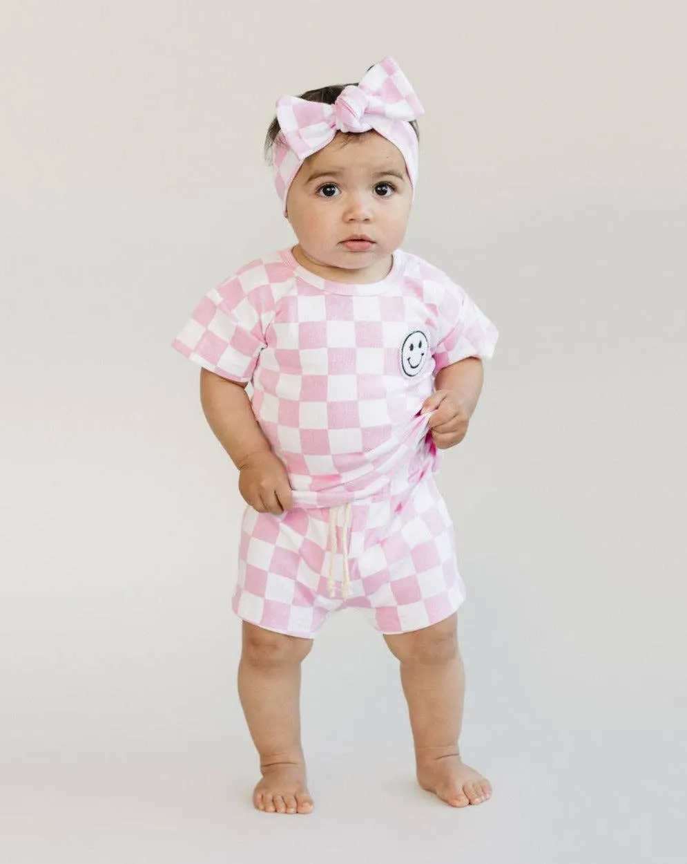Lucky Panda Kids - Checkered Shorts Set | Pink & Blue