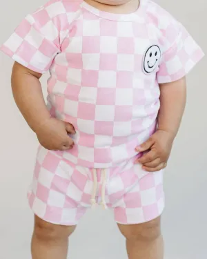 Lucky Panda Kids - Checkered Shorts Set | Pink & Blue