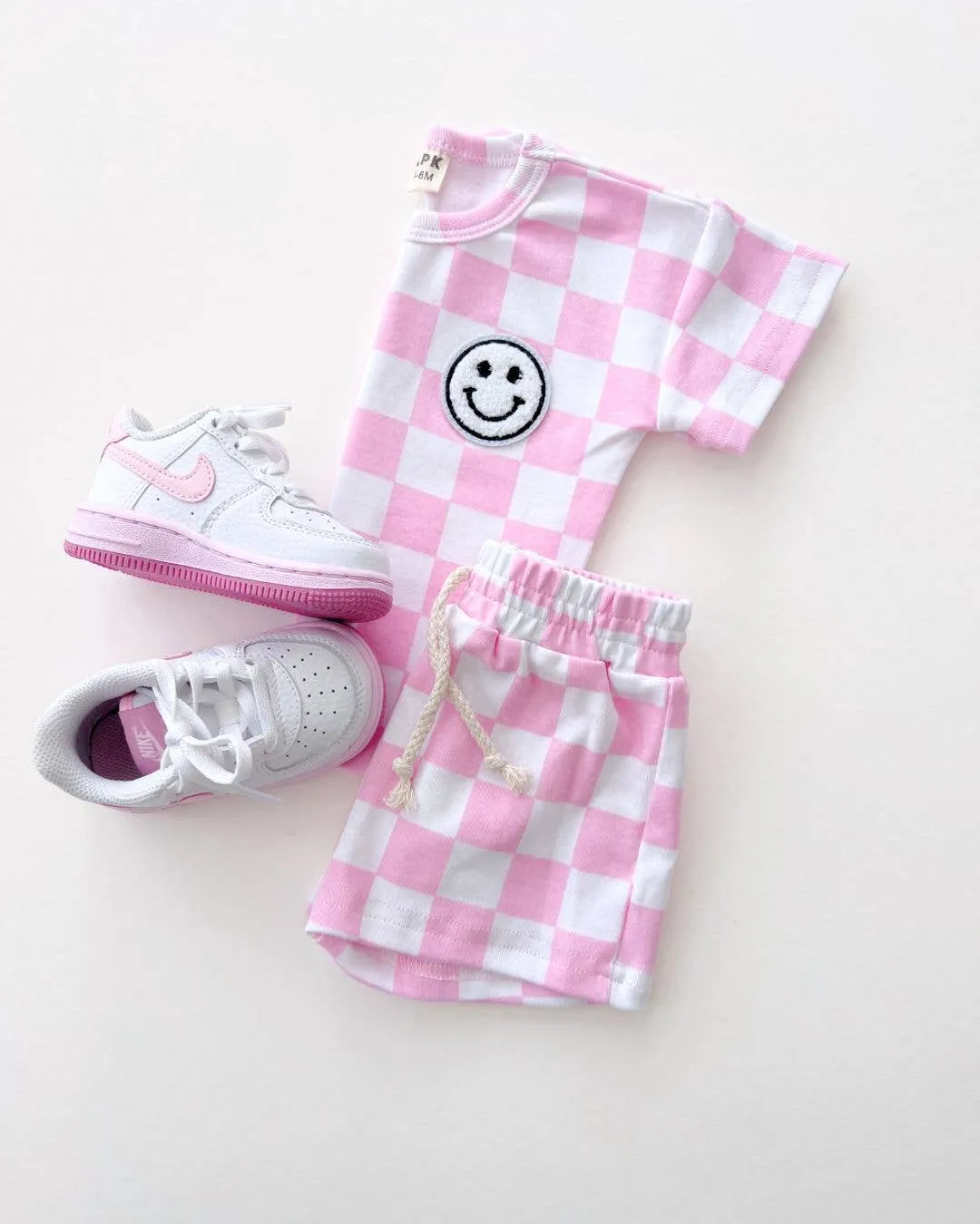 Lucky Panda Kids - Checkered Shorts Set | Pink & Blue