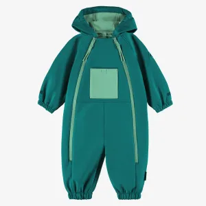 Manteau une pièce turquoise avec capuchon en coquille souple, bébé || Turquoise softshell one-piece hooded coat, baby