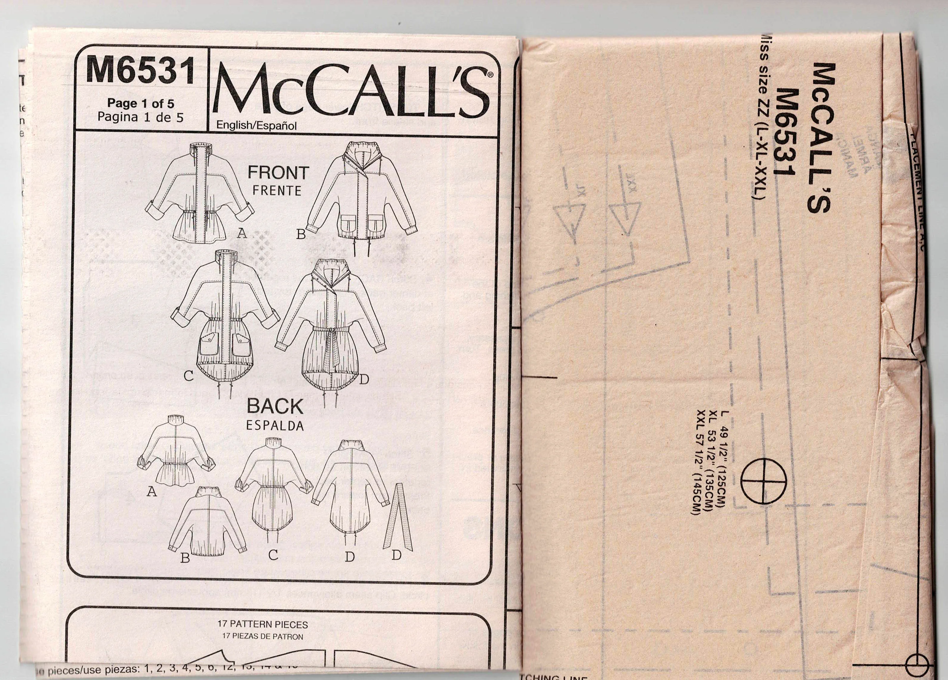 McCall's 6531 Womens Loose Fitting Casual Outdoor Jacket Out Of Print Sewing Pattern Sizes L - XXL UNCUT Factory Folded