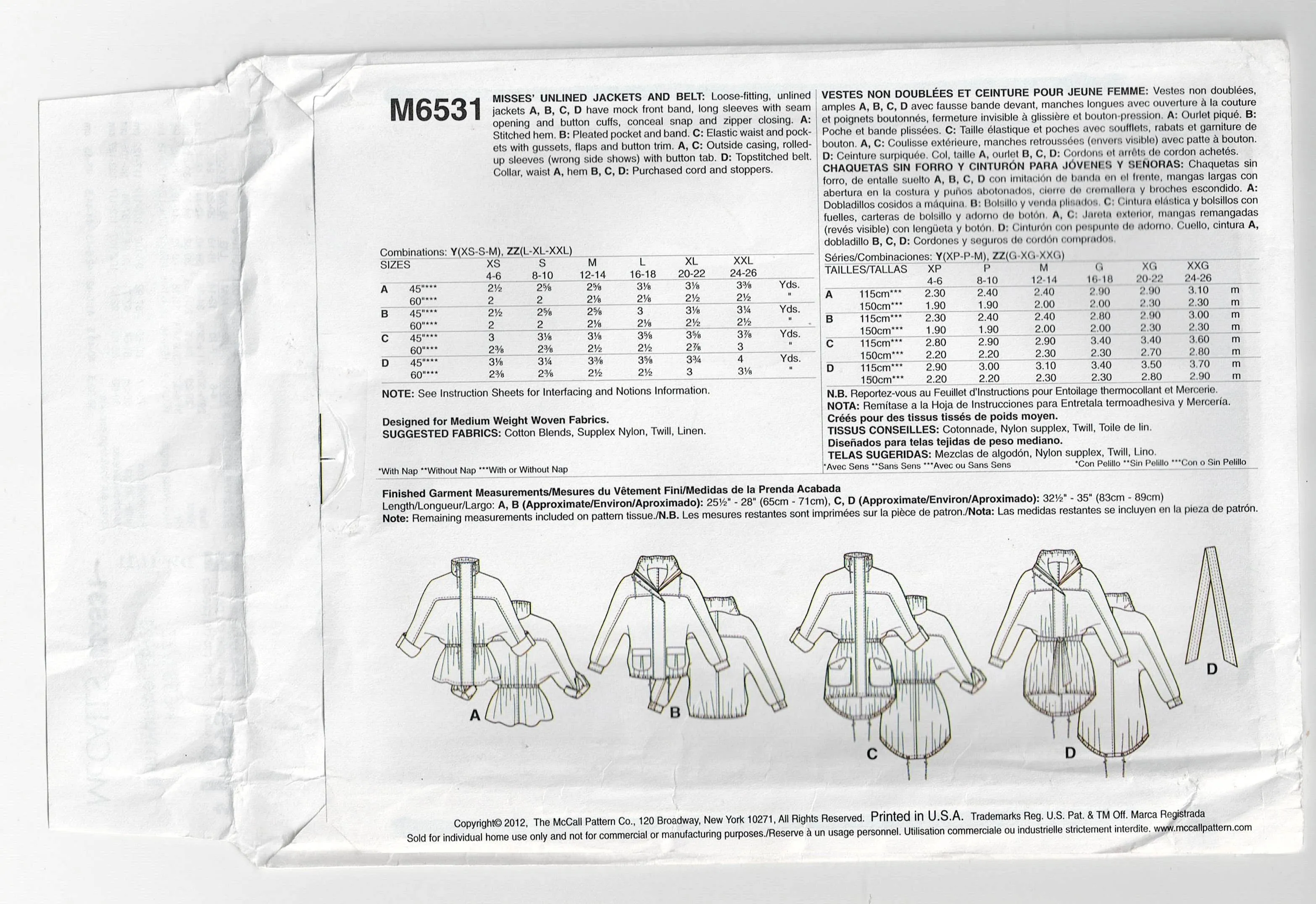 McCall's 6531 Womens Loose Fitting Casual Outdoor Jacket Out Of Print Sewing Pattern Sizes L - XXL UNCUT Factory Folded