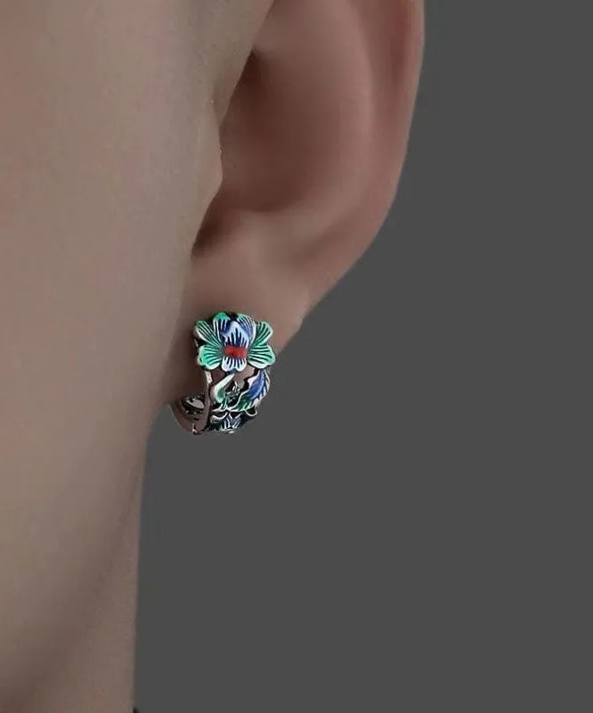 Men Silk Sterling Silver Peony Hoop Earrings
