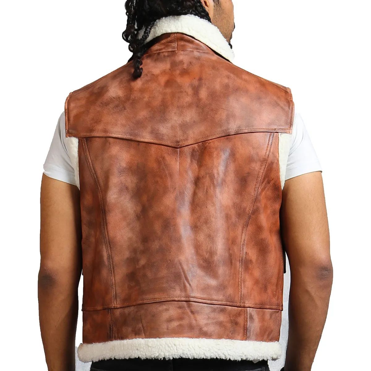 Men's Brown Leather Vest with Fur Lining