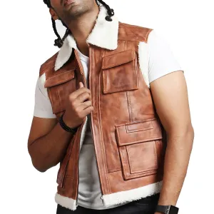 Men's Brown Leather Vest with Fur Lining