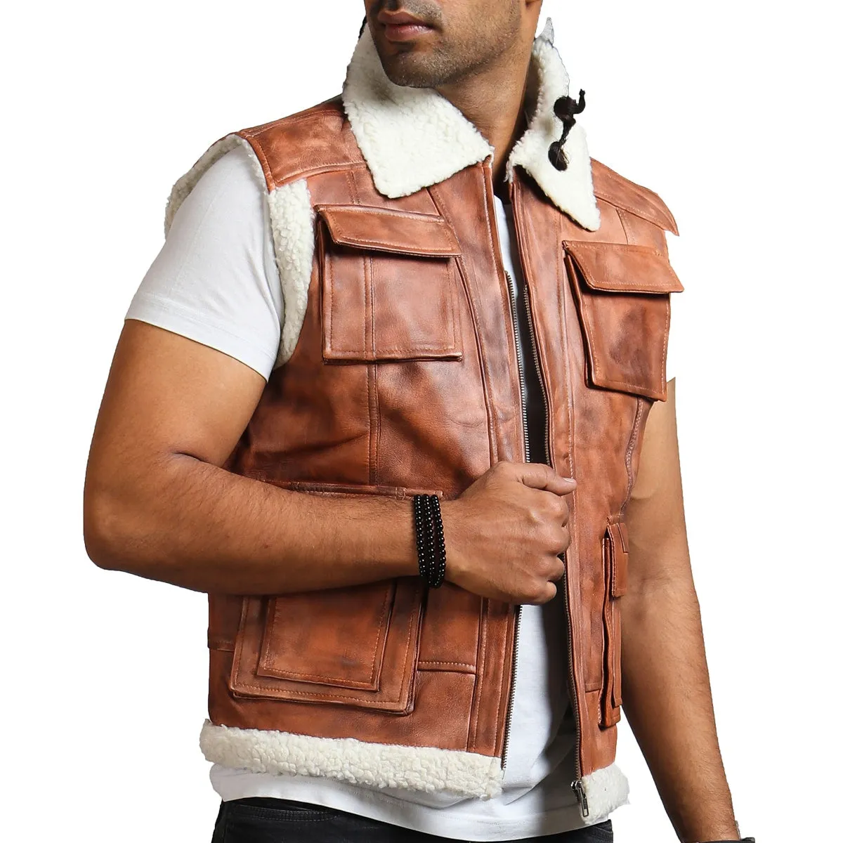 Men's Brown Leather Vest with Fur Lining