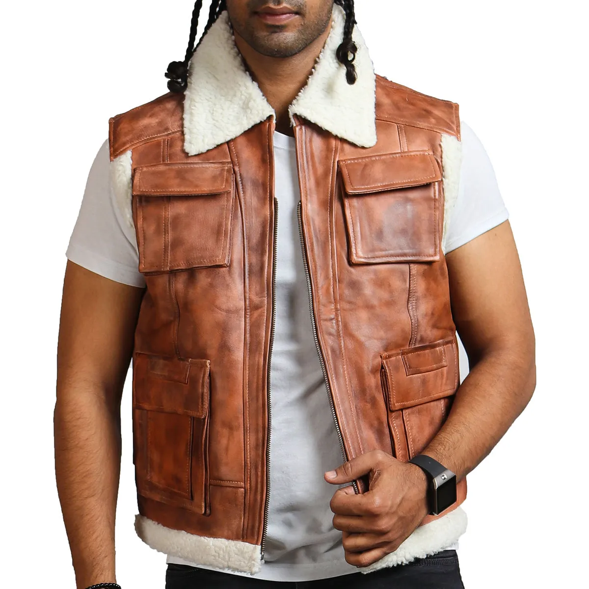 Men's Brown Leather Vest with Fur Lining