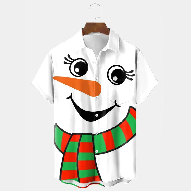 Men's Christmas Snowman Print Holiday Short Sleeve Shirt