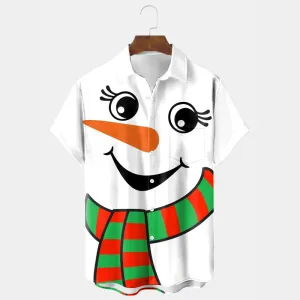 Men's Christmas Snowman Print Holiday Short Sleeve Shirt