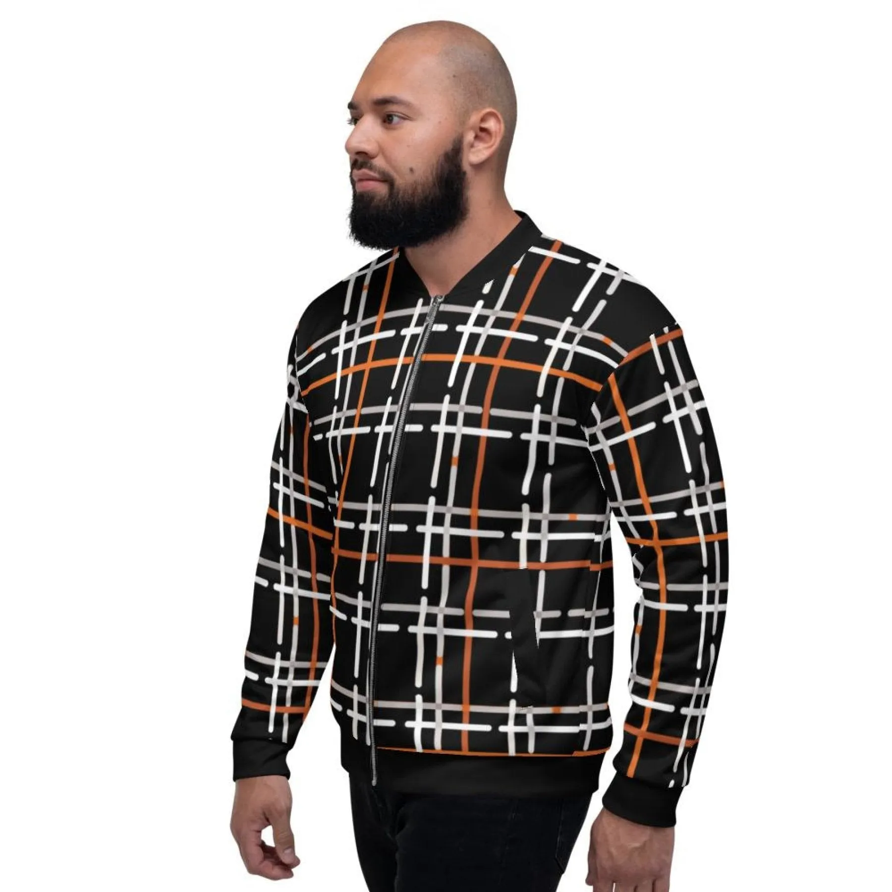 Mens Jacket - Tartan Plaid Colorblock Bomber Jacket Black/multicolor