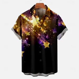 Men's Pentagram New Year Daily Button Up Short Sleeve Shirt