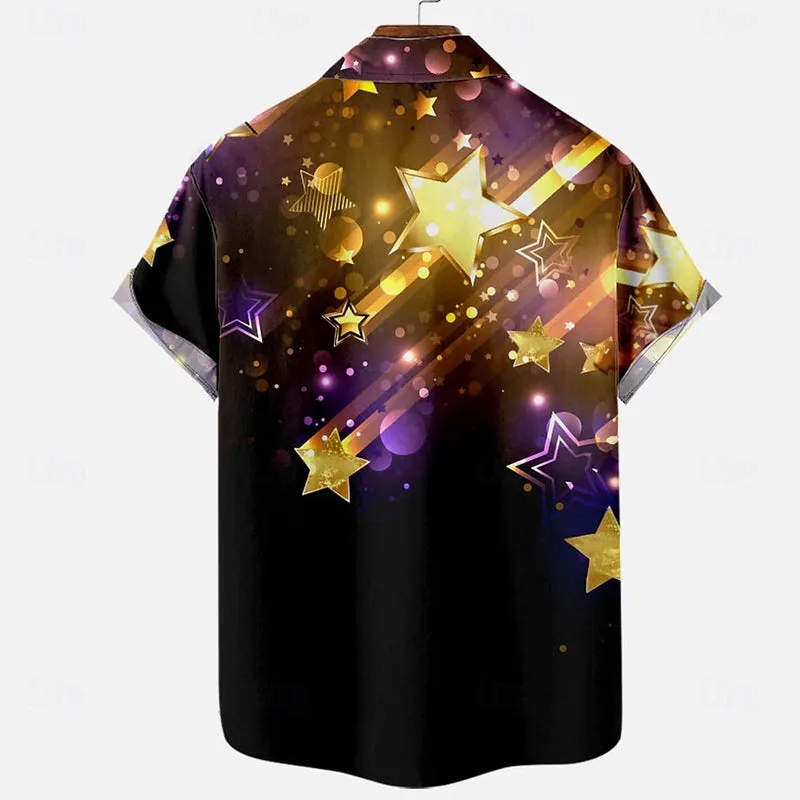 Men's Pentagram New Year Daily Button Up Short Sleeve Shirt