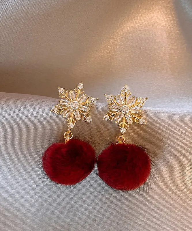 Modern Pink Sterling Silver Overgild Snowflake Fuzzy Ball Decorated Drop Earrings