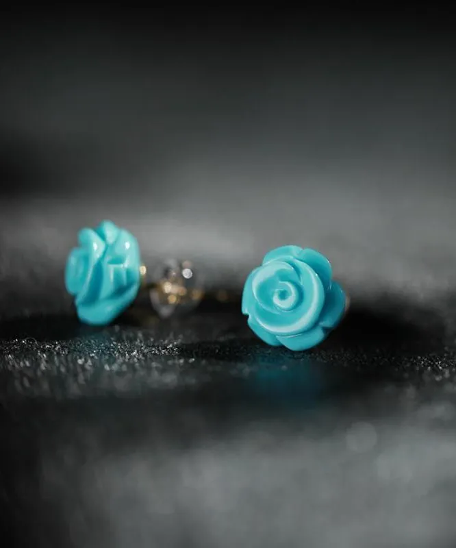 New Blue Sterling Silver Turquoise Rose Stud Earrings