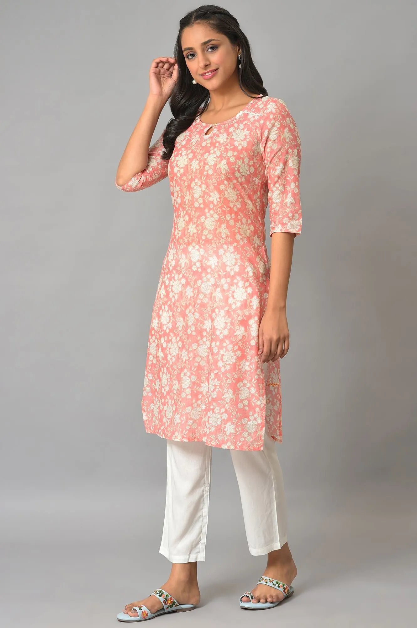 Orange Floral Print kurta & Narrow Palazzo