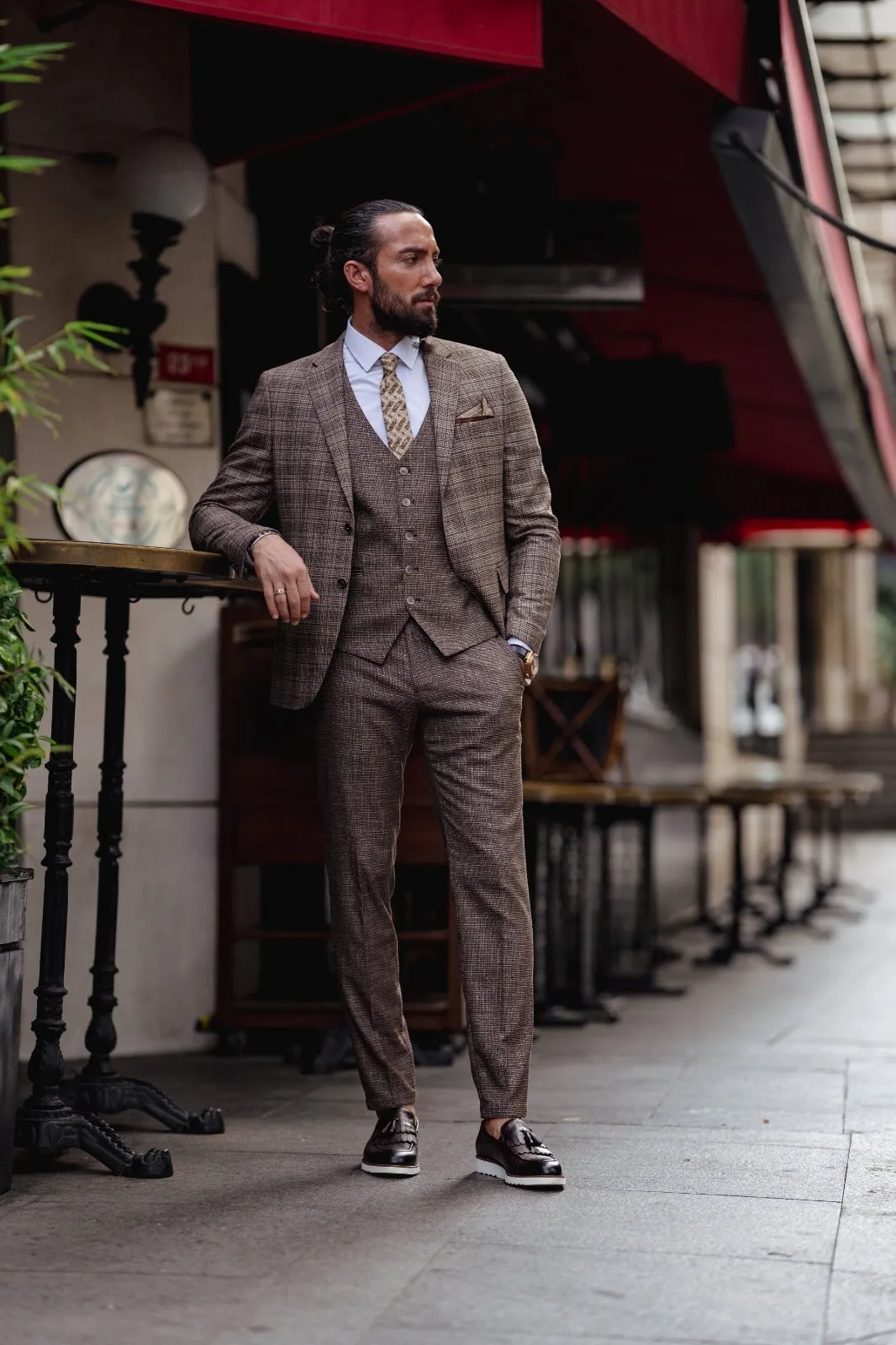 Paris Brown Slim Fit Notch Lapel 3 Piece Plaid Suit for Modern Men