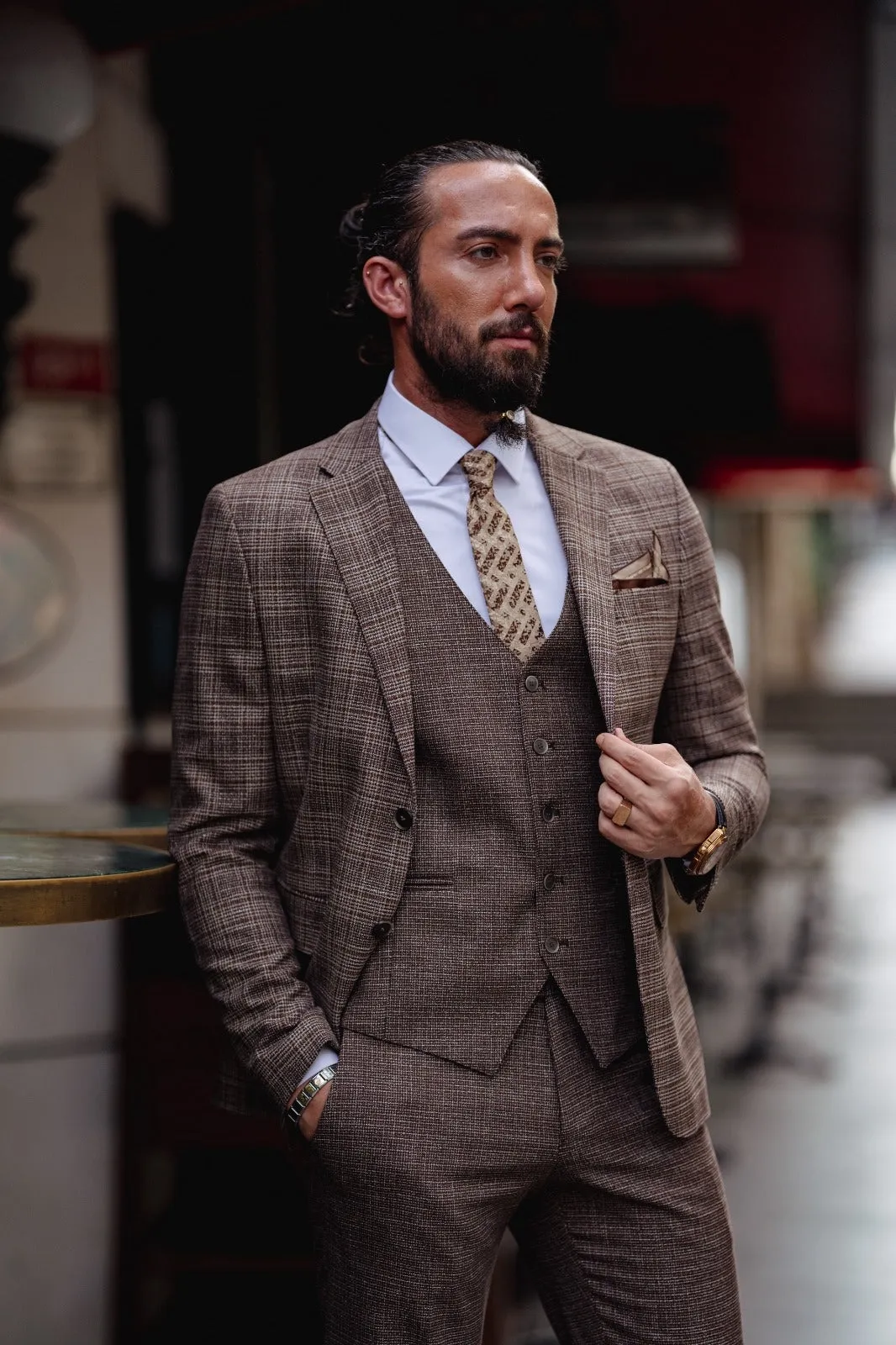 Paris Brown Slim Fit Notch Lapel 3 Piece Plaid Suit for Modern Men