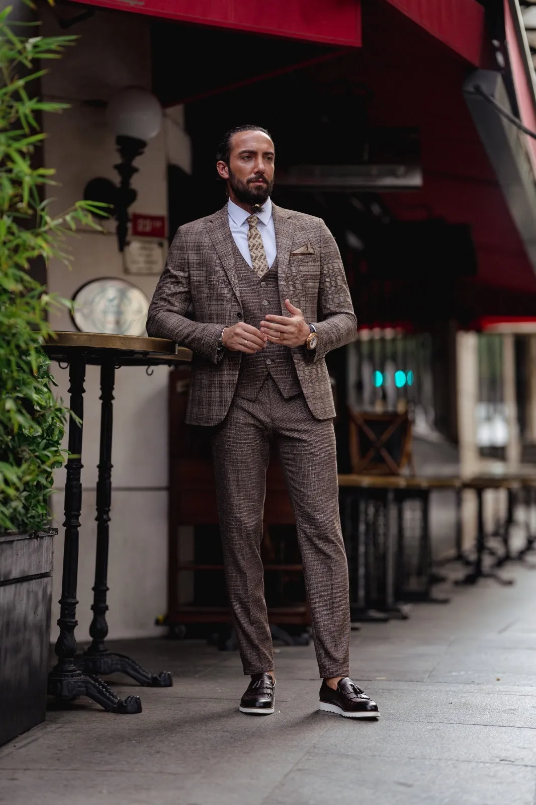 Paris Brown Slim Fit Notch Lapel 3 Piece Plaid Suit for Modern Men
