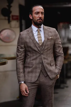Paris Brown Slim Fit Notch Lapel 3 Piece Plaid Suit for Modern Men