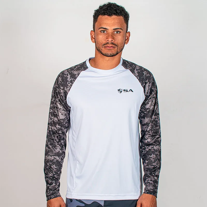 Performance Long Sleeve Shirt | White | Blackout Digi Camo | SA Shield