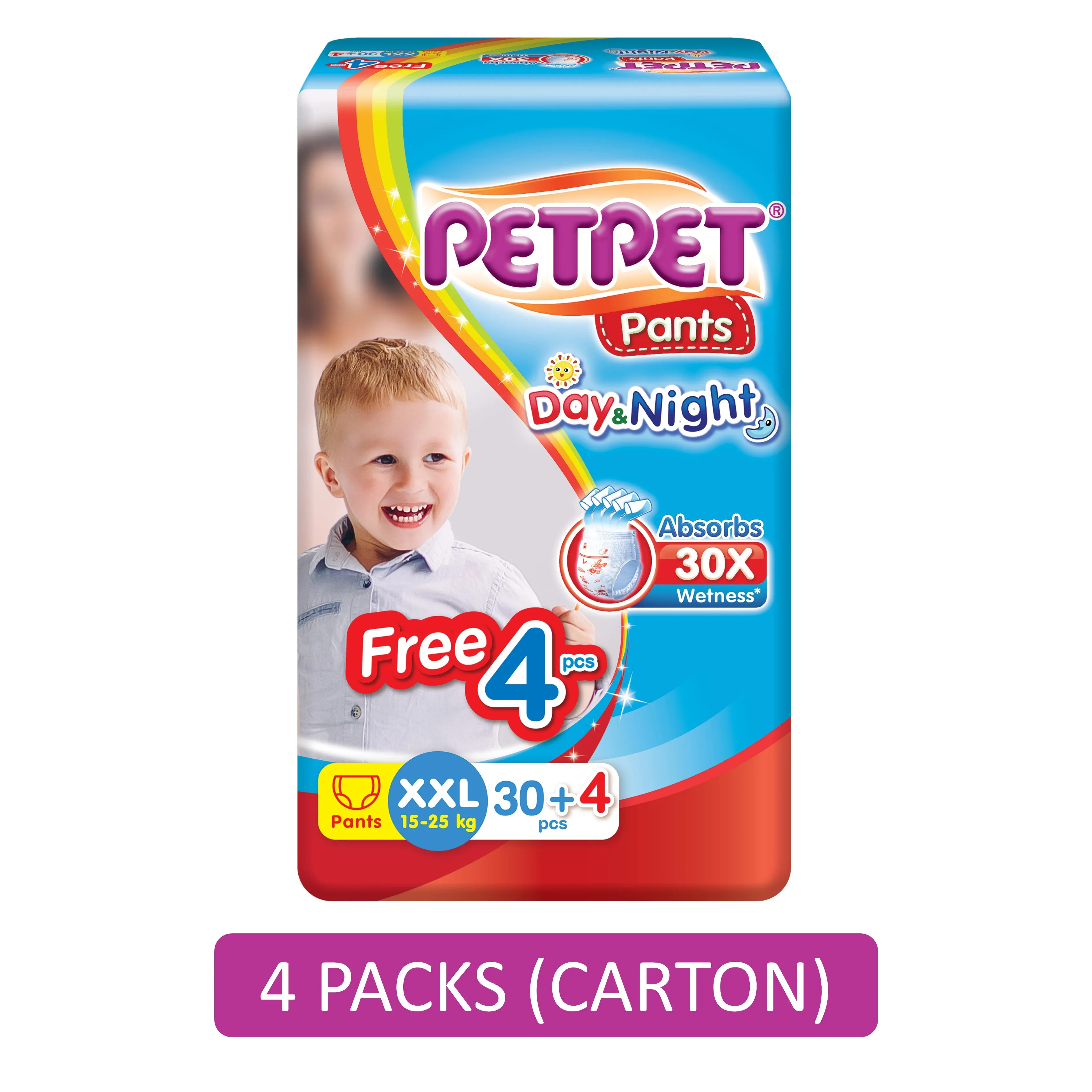 PetPet Day and Night Baby Pants Size XXL 30's 4's (For 15-25kg) [4 Packs/Carton]