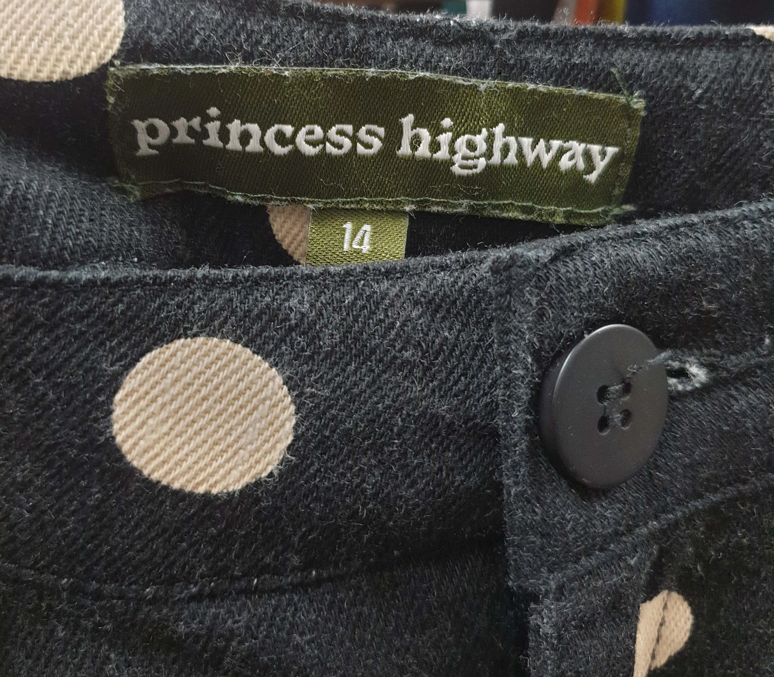 Princess Highway black polka dot jeans size 14, best fits 12-14