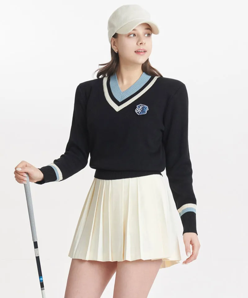 Q.C PLAY: Two-Tone Patch V-Neck Knit - Black