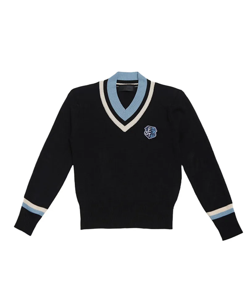 Q.C PLAY: Two-Tone Patch V-Neck Knit - Black