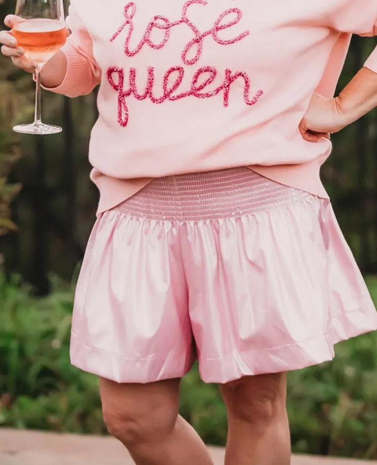 Queen of Sparkles Leather Swing Shorts in Light Pink