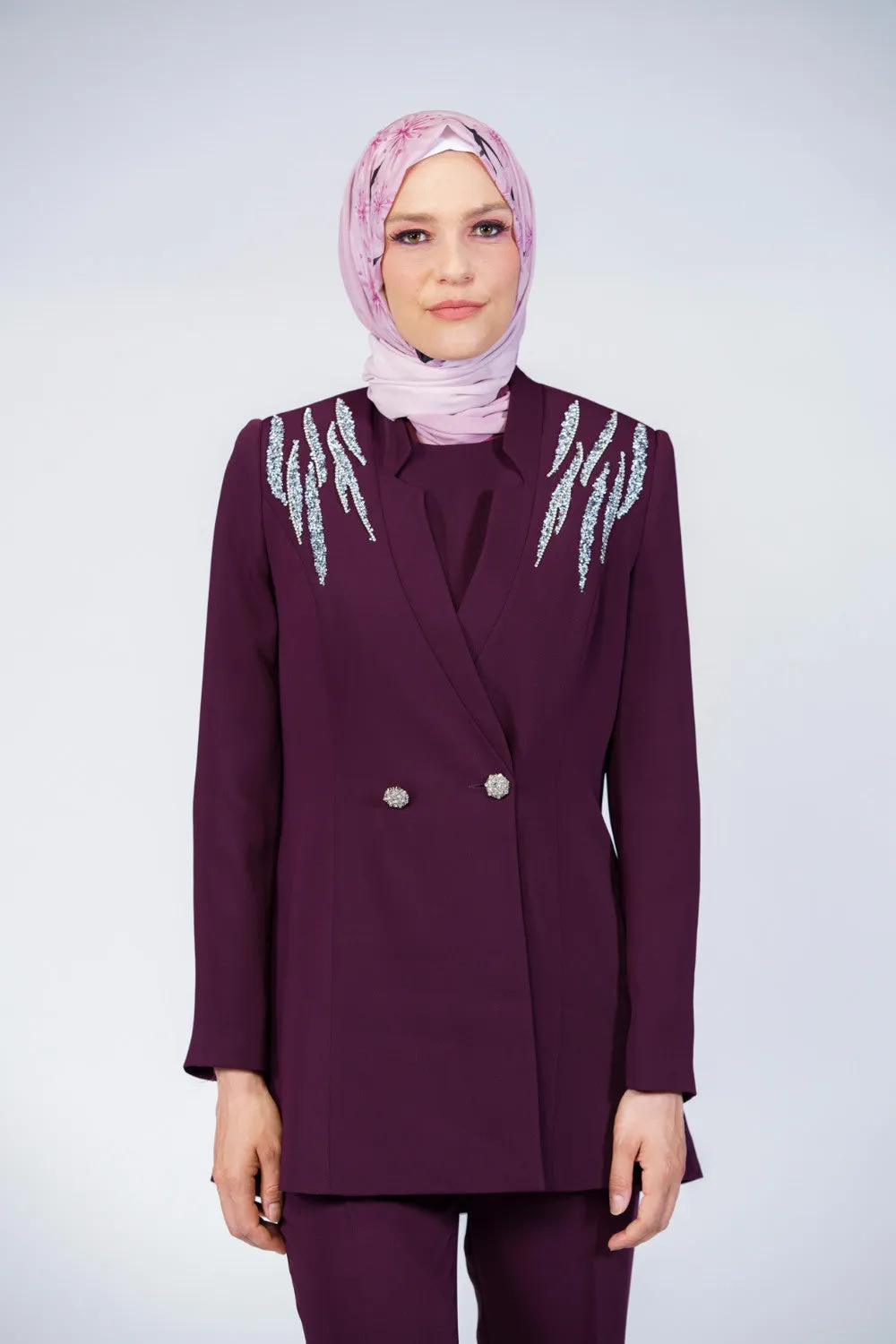Rhinestone 3-Pieces Modest Pant Set | Burgundy