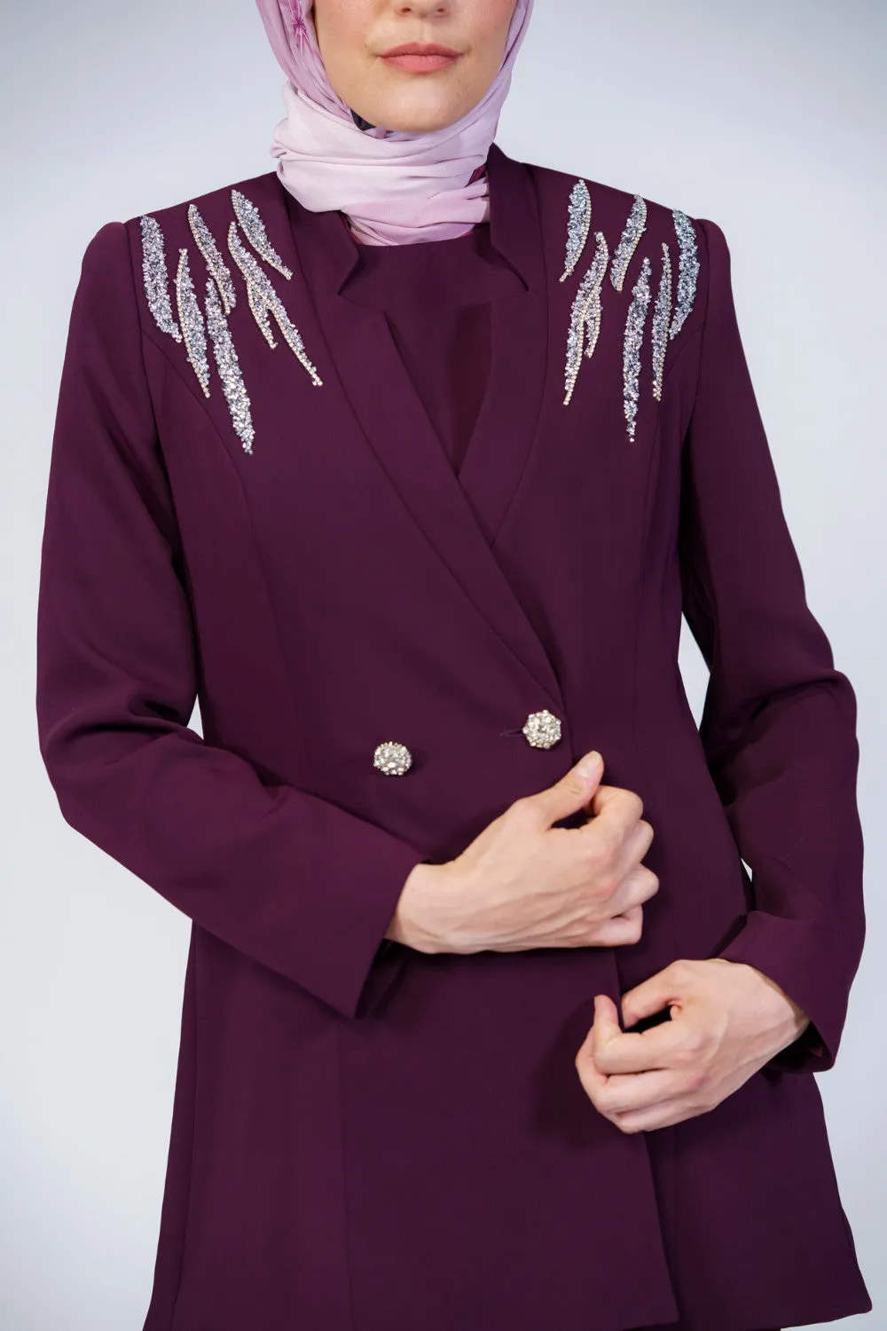 Rhinestone 3-Pieces Modest Pant Set | Burgundy