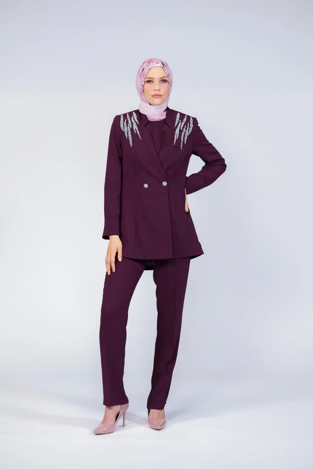 Rhinestone 3-Pieces Modest Pant Set | Burgundy