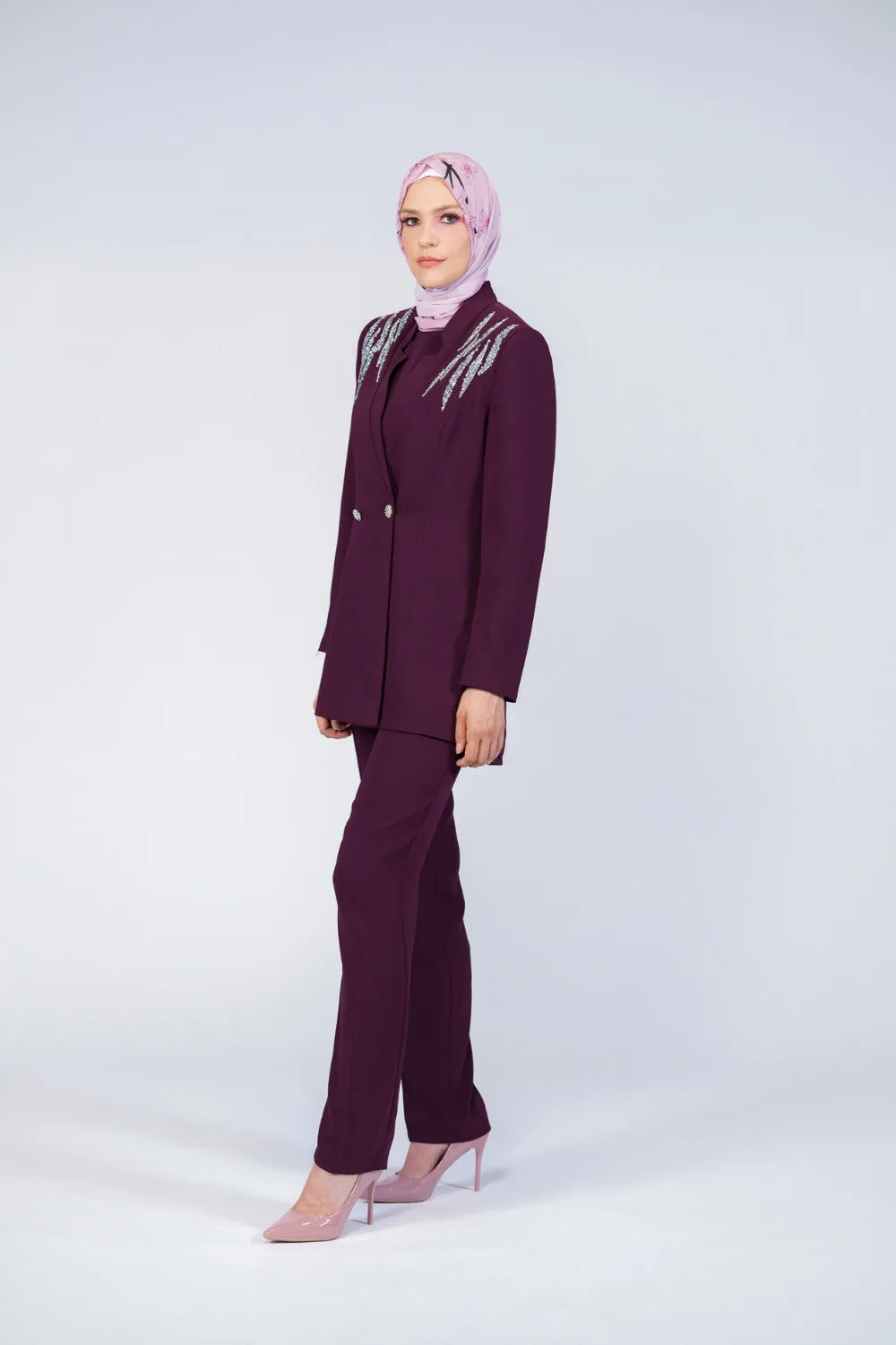 Rhinestone 3-Pieces Modest Pant Set | Burgundy