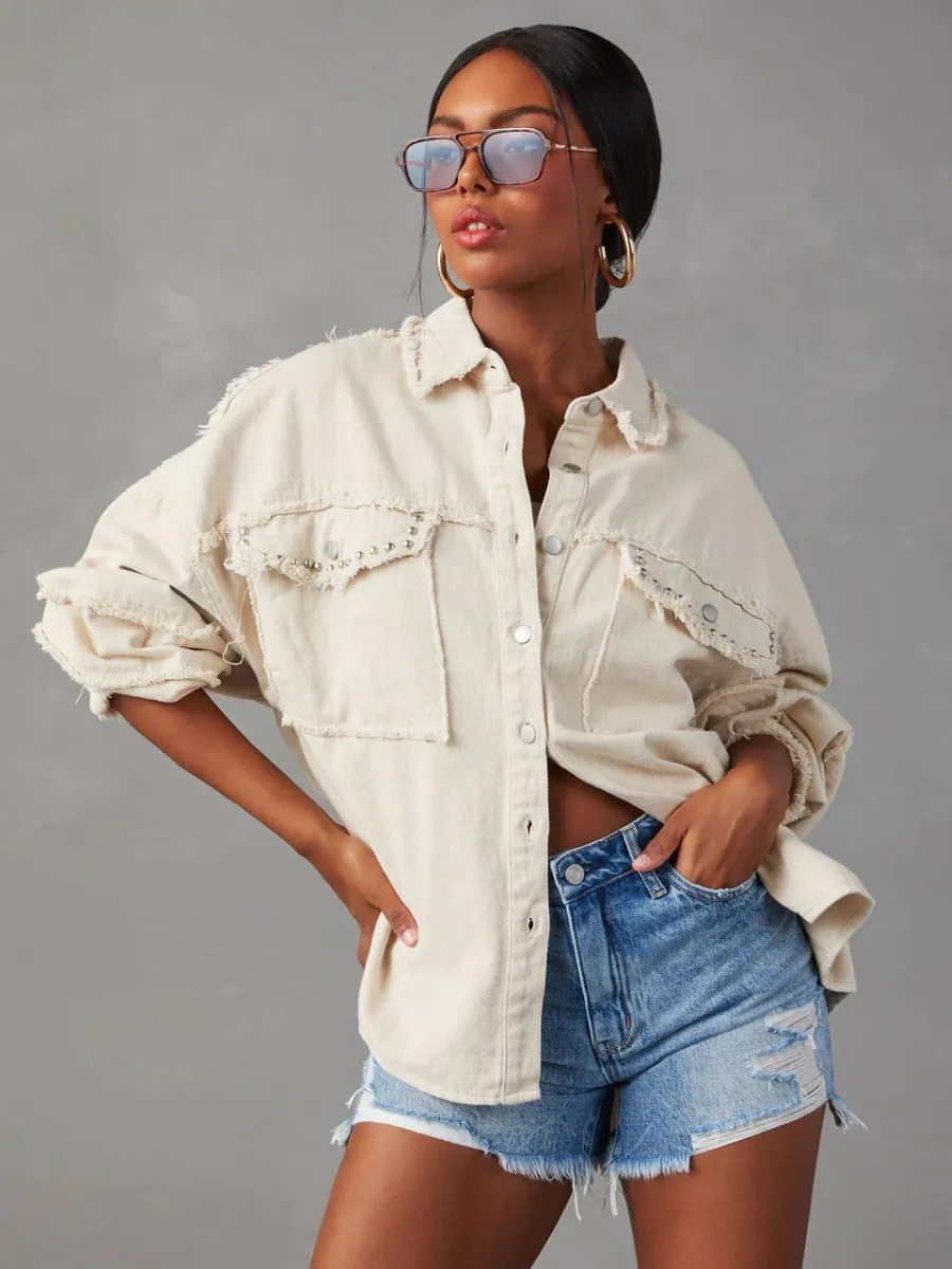 Rock Doll Frayed Denim Shacket - Beige