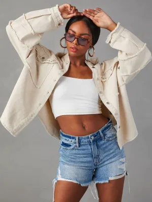 Rock Doll Frayed Denim Shacket - Beige