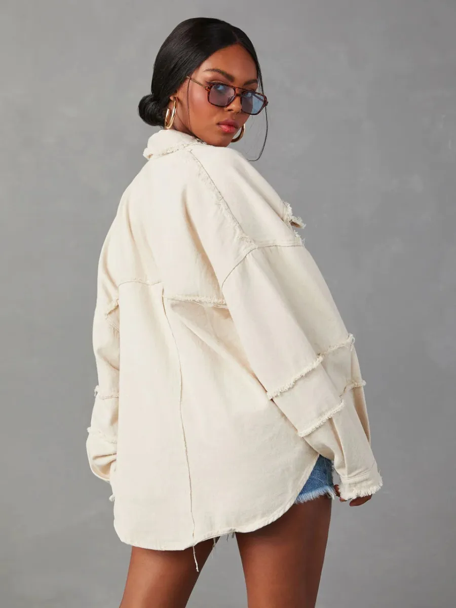 Rock Doll Frayed Denim Shacket - Beige