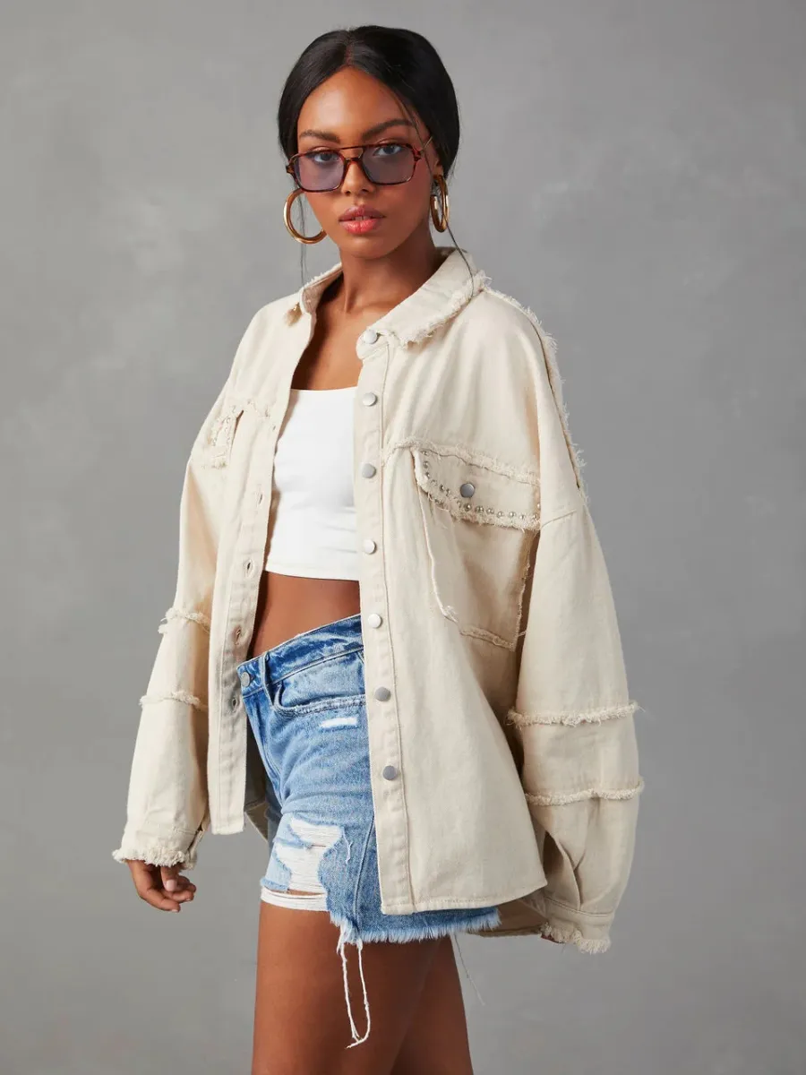 Rock Doll Frayed Denim Shacket - Beige
