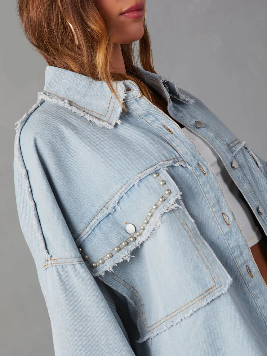 Rock Doll Frayed Denim Shacket - Wash Blue