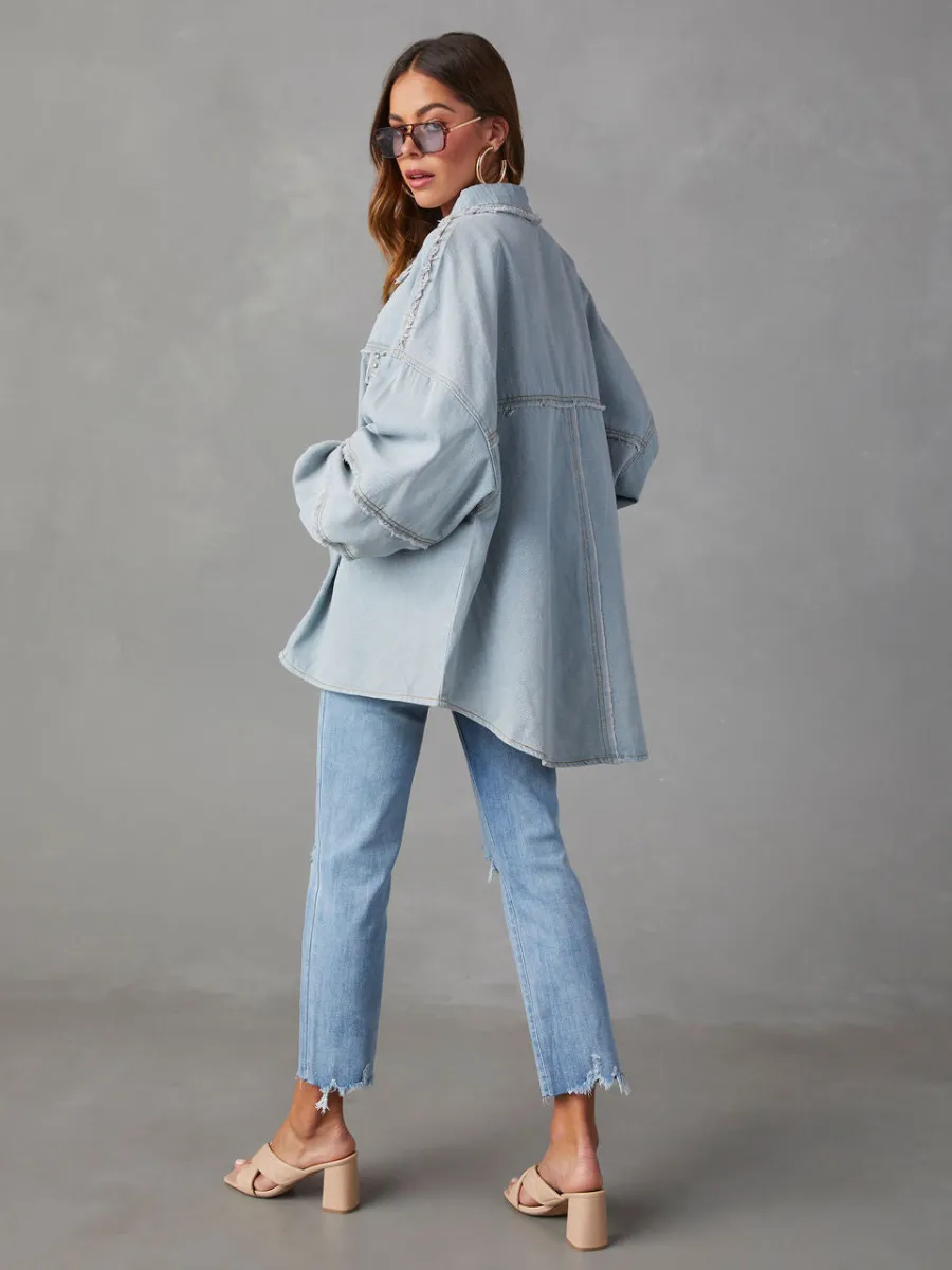 Rock Doll Frayed Denim Shacket - Wash Blue