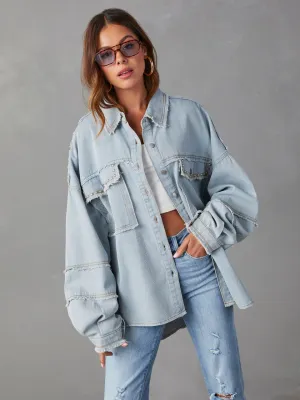 Rock Doll Frayed Denim Shacket - Wash Blue