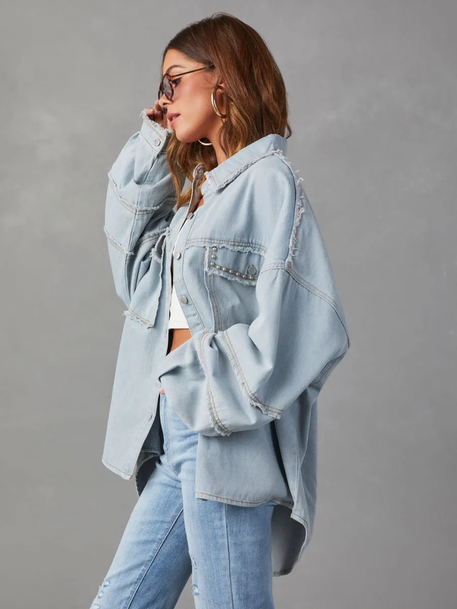 Rock Doll Frayed Denim Shacket - Wash Blue