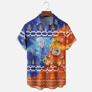 Santa Claus Cartoon Ice and Fire Printed Breast Pocket Casual Shirt