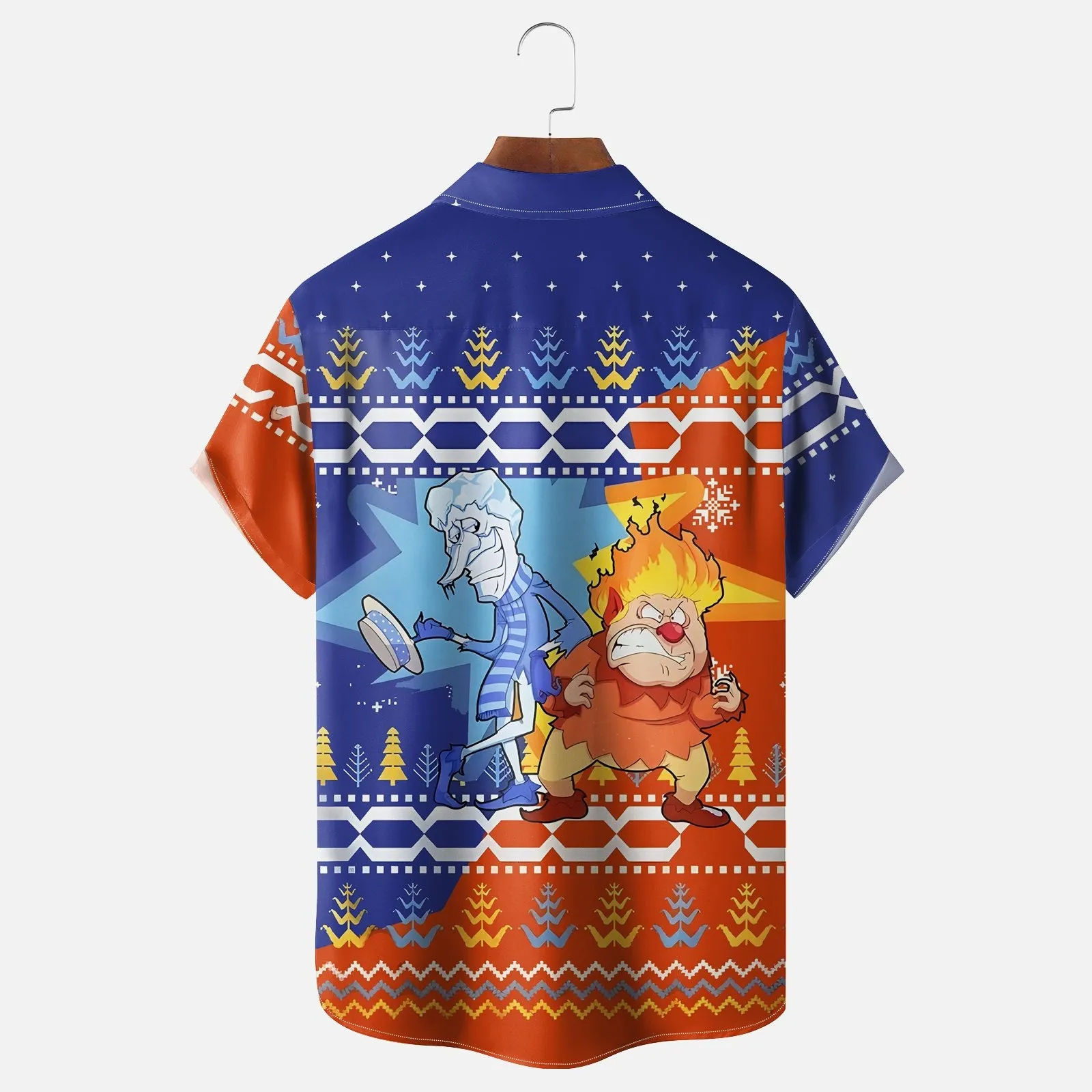 Santa Claus Cartoon Ice and Fire Printed Breast Pocket Casual Shirt