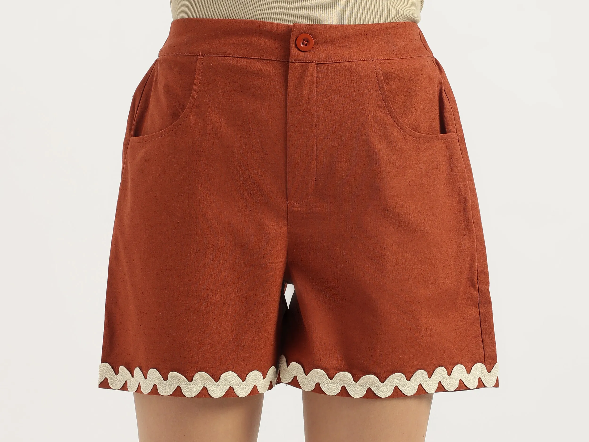 Solid Regular Fit Wavy Lace Detail Shorts