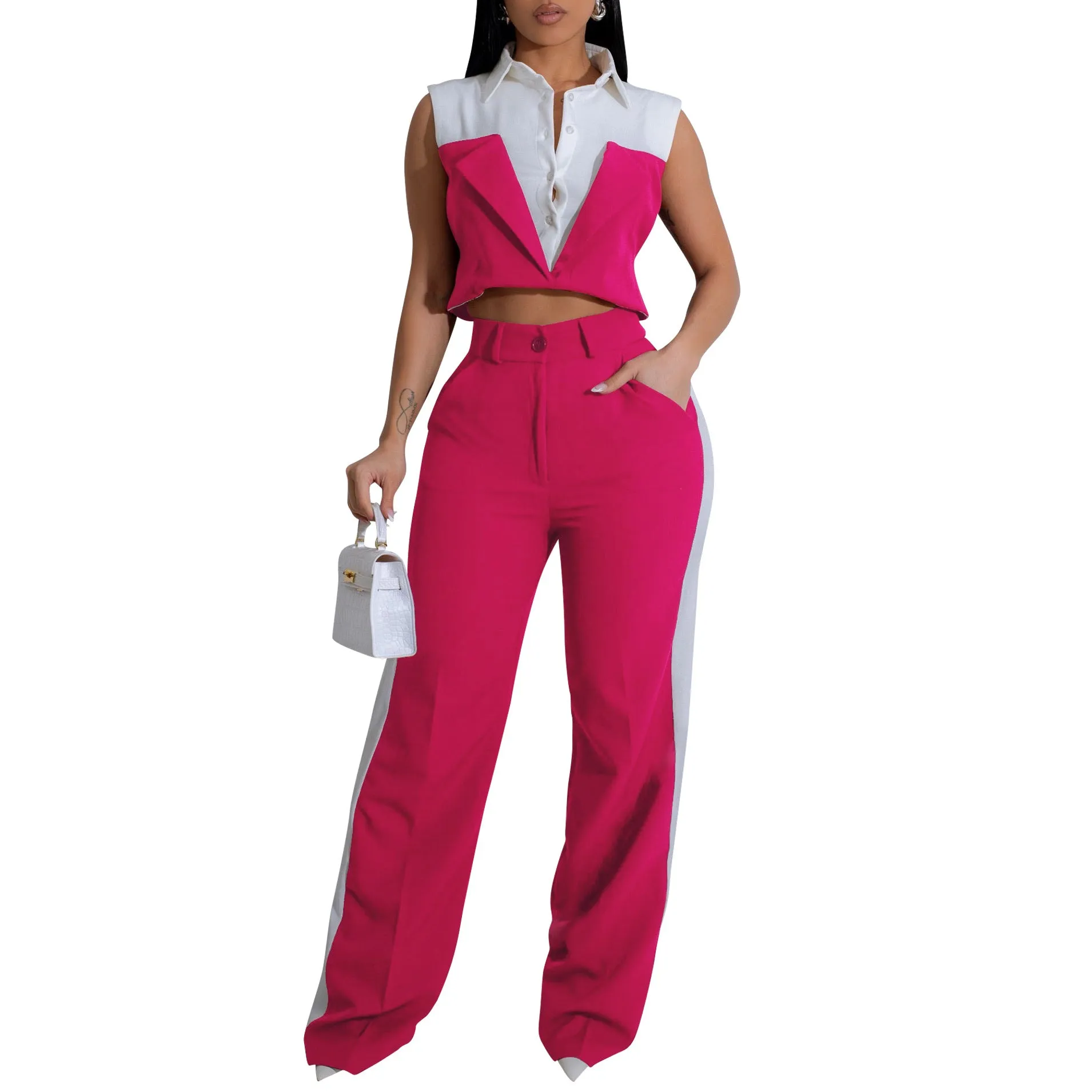 Sophisticated Contrast Panel Sleeveless Shirt and Wide-Leg Pants Set