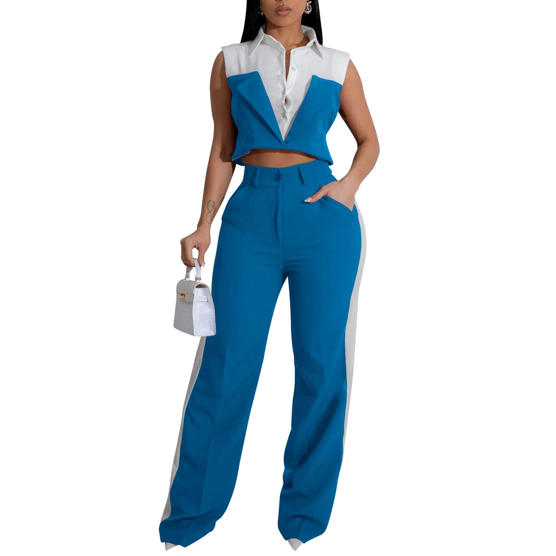 Sophisticated Contrast Panel Sleeveless Shirt and Wide-Leg Pants Set