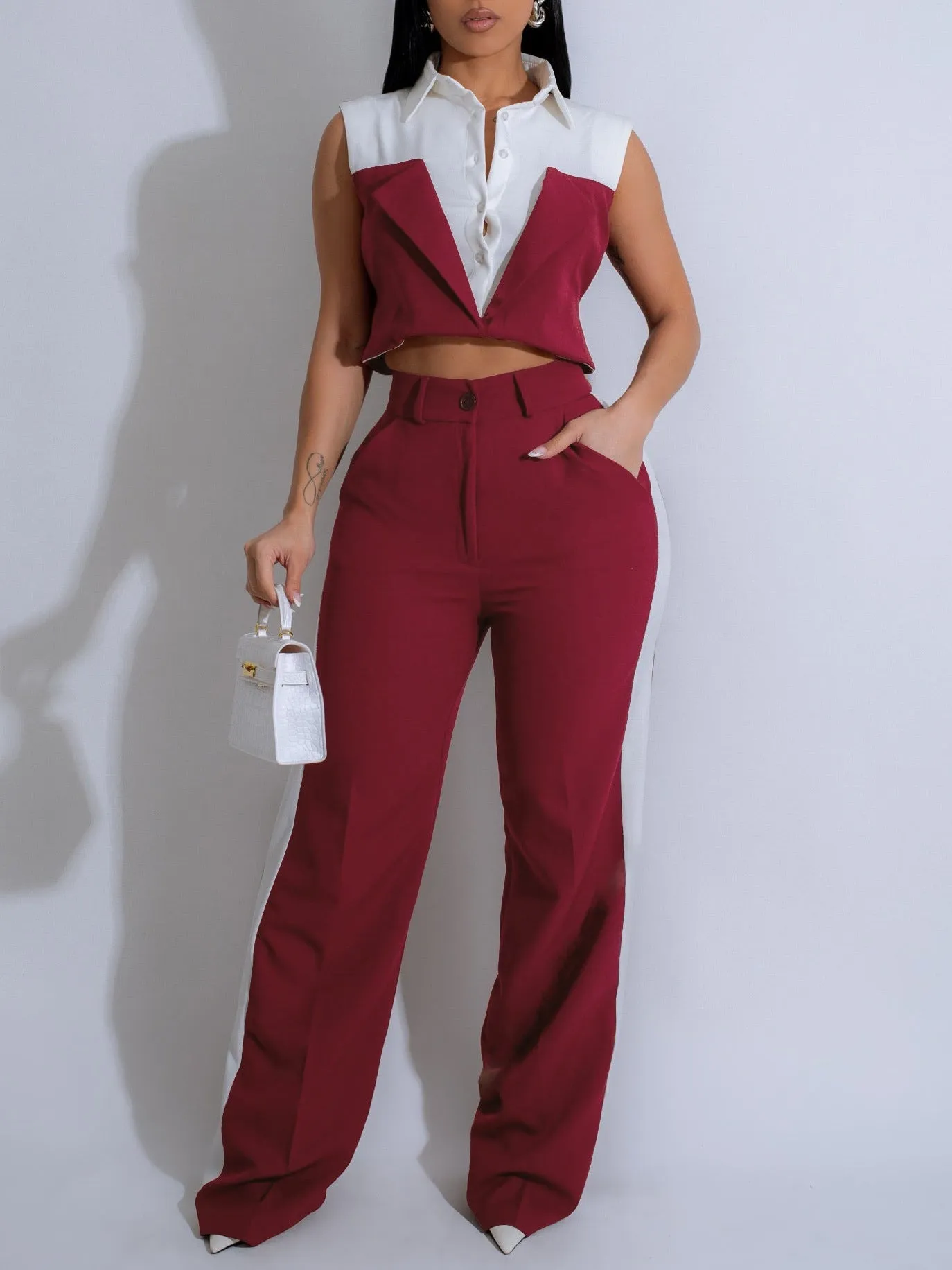 Sophisticated Contrast Panel Sleeveless Shirt and Wide-Leg Pants Set