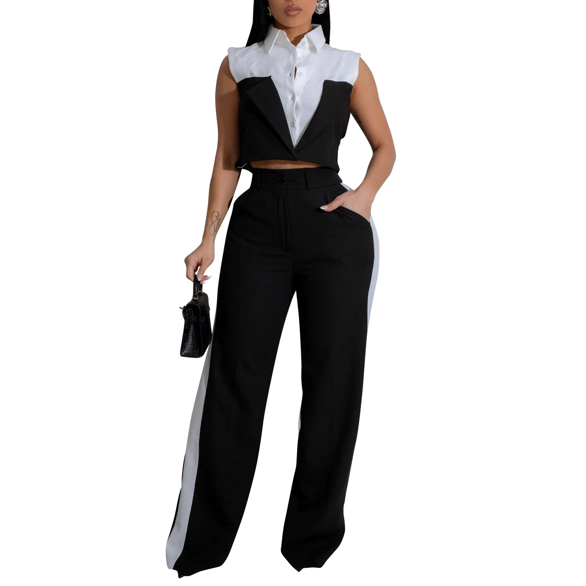 Sophisticated Contrast Panel Sleeveless Shirt and Wide-Leg Pants Set