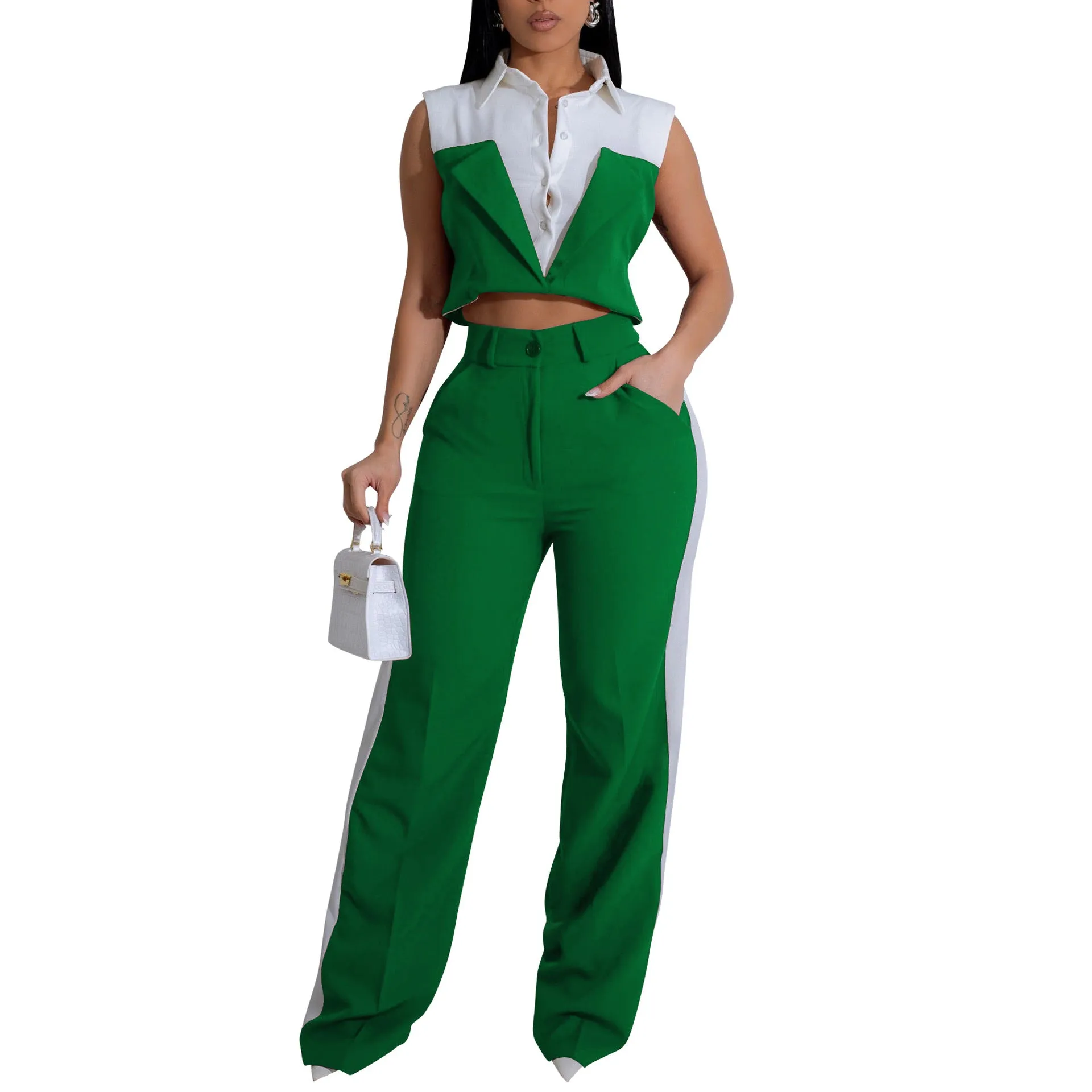 Sophisticated Contrast Panel Sleeveless Shirt and Wide-Leg Pants Set